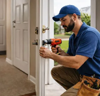 Technician installing a door lock
