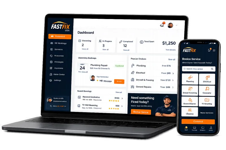 The FastFix dashboard on a laptop and the booking app on a phone