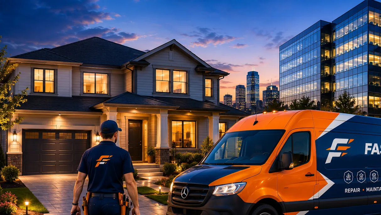 Residential and commercial buildings at dusk